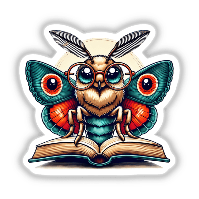 Moth in Reading Glasses with Book: A cartoon of a moth wearing glasses, engrossed in a book. Available as stickers or digital artwork.