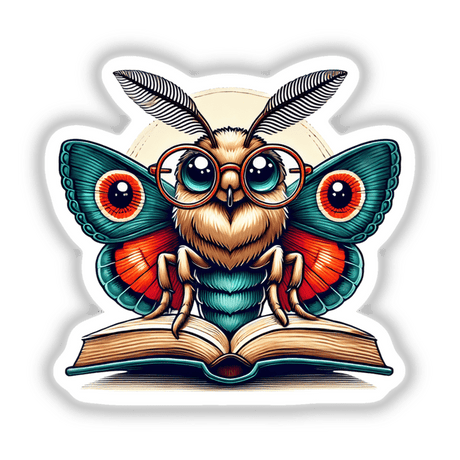Moth in Reading Glasses with Book: A cartoon of a moth wearing glasses, engrossed in a book. Available as stickers or digital artwork.