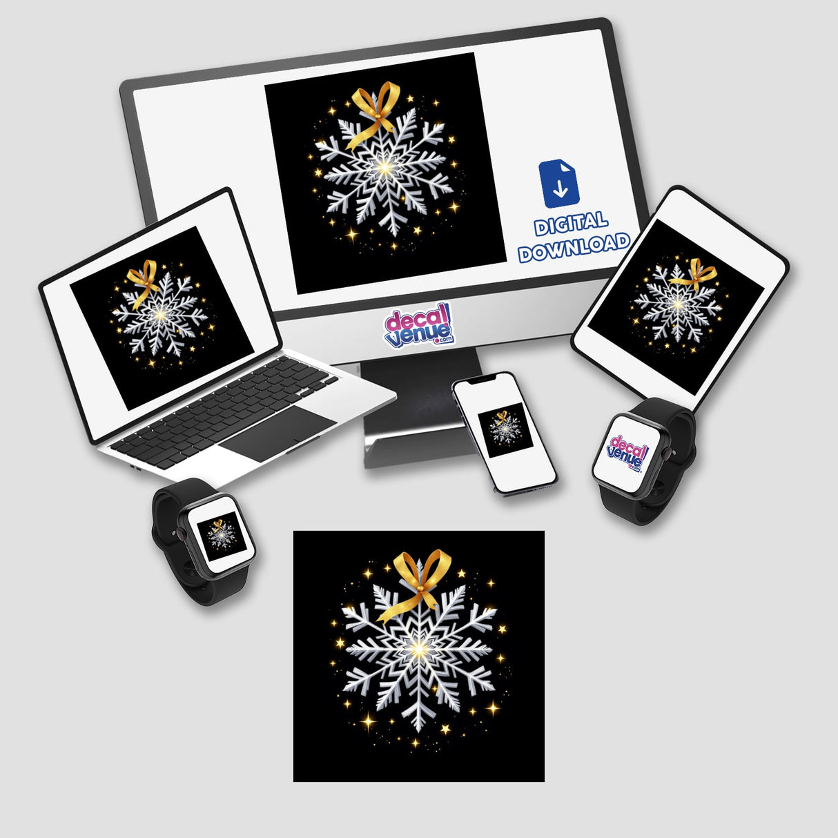Silver Snowflake with Gold Ribbon and Twinkling Lights displayed on a computer monitor and laptop screens, available as stickers or digital artwork from Decal Venue.