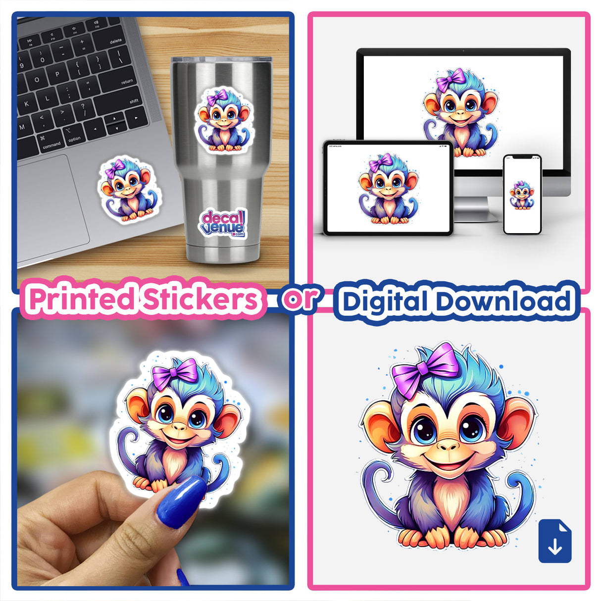 Baby monkey collage featuring stickers and digital artwork. Highlights include cartoon monkey with a bow on laptop, cup, and phone.