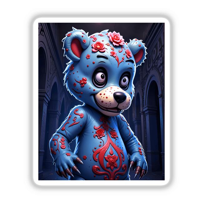 Macabre Scary Bear in a blue bear-themed outfit, featuring cartoonish elements and floral motifs, available as stickers or digital artwork from Decal Venue.