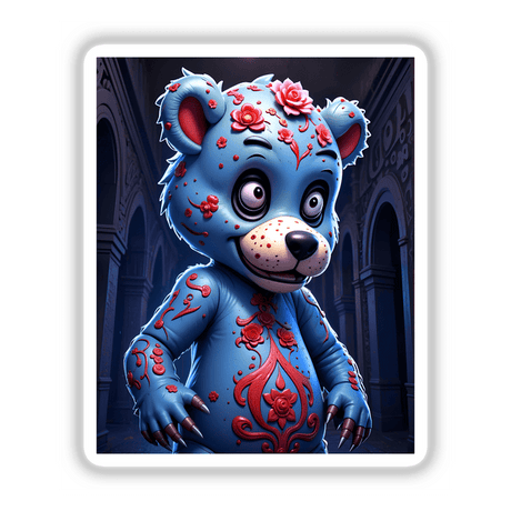 Macabre Scary Bear in a blue bear-themed outfit, featuring cartoonish elements and floral motifs, available as stickers or digital artwork from Decal Venue.