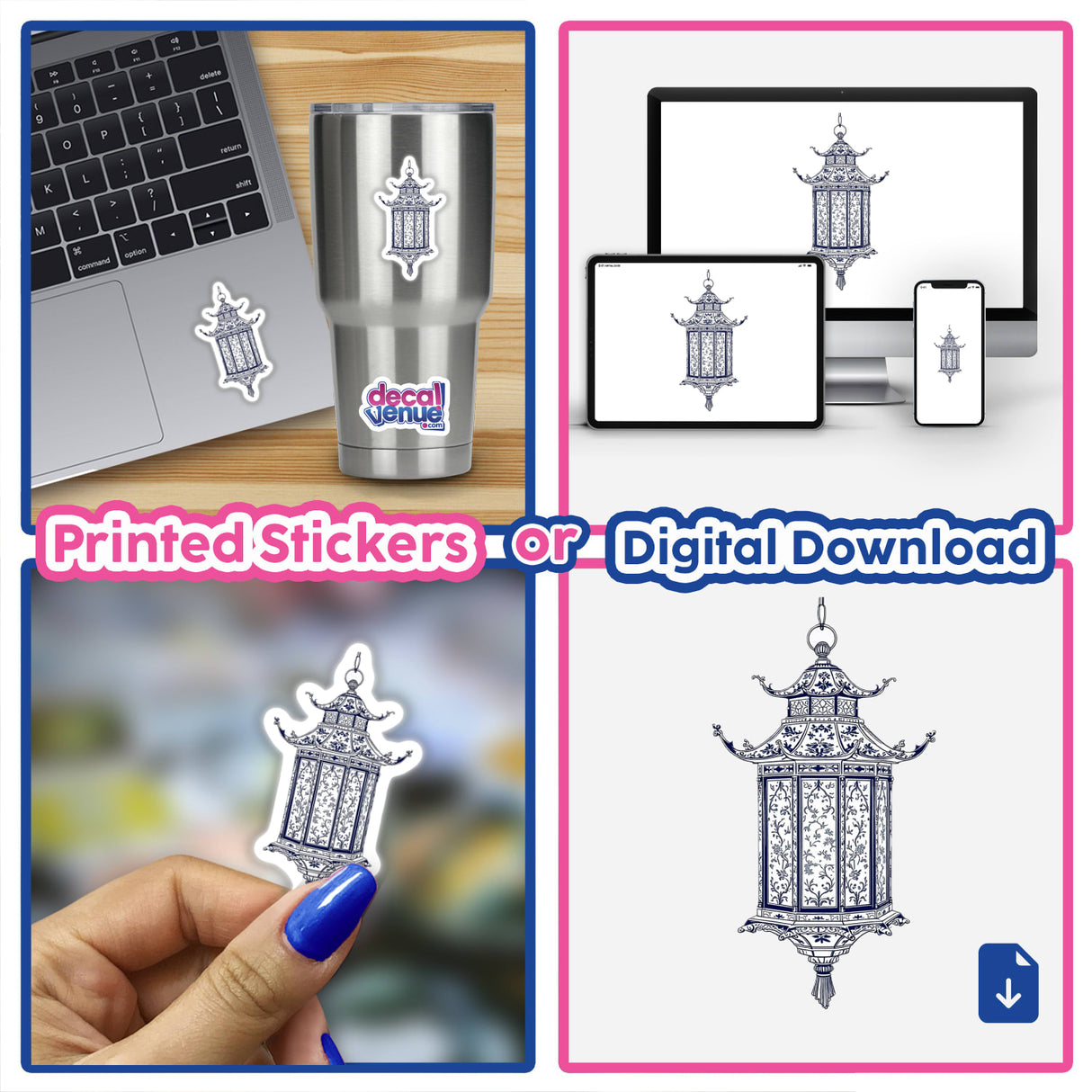 Chinoiserie Pagoda Lantern stickers or digital artwork, featuring intricate blue and white designs, showcased on a laptop and cup, reflecting Decal Venue's unique artistic offerings.