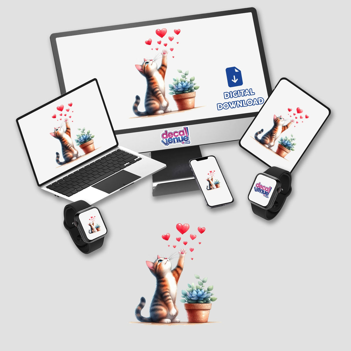 Adorable watercolor cat chasing hearts digital artwork displayed across various digital devices, including a laptop, tablet, smartphone, and smartwatch. The product showcases the whimsical and playful design created by Ella Designz, a talented designer featured on the Decal Venue store.