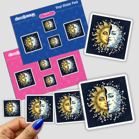 Chinoiserie Sun and Moon stickers featuring intricate sun and moon designs with floral accents, available as physical stickers or digital artwork from Decal Venue.