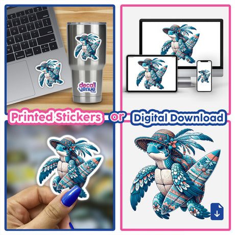 Sea Turtle Holding Surfboard in Summer Beach Hat