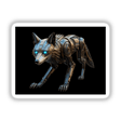 Steampunk Robotic Wolf with Glowing Blue Eyes, featuring intricate metalwork and mechanical details, offered as unique stickers or digital artwork.