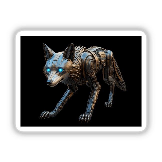 Steampunk Robotic Wolf with Glowing Blue Eyes, featuring intricate metalwork and mechanical details, offered as unique stickers or digital artwork.
