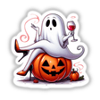 Tipsy Wine Drinking Halloween Ghost Stiletto Lady: Cartoon ghost with a wine glass sitting on a pumpkin, available as stickers or digital artwork from Decal Venue.