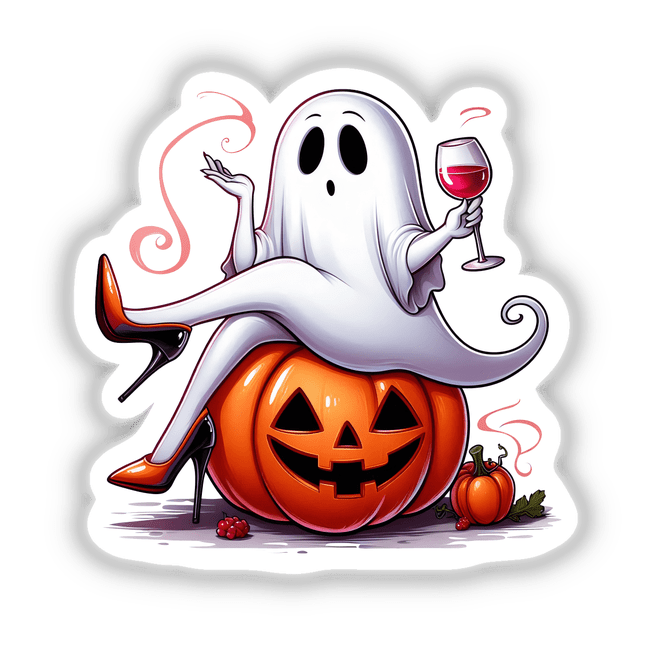 Tipsy Wine Drinking Halloween Ghost Stiletto Lady: Cartoon ghost with a wine glass sitting on a pumpkin, available as stickers or digital artwork from Decal Venue.