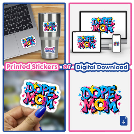 Collage featuring Dope Mom decals and digital downloads, including a laptop adorned with a sticker, showcasing unique vinyl sticker designs and digital art from Decal Venue.