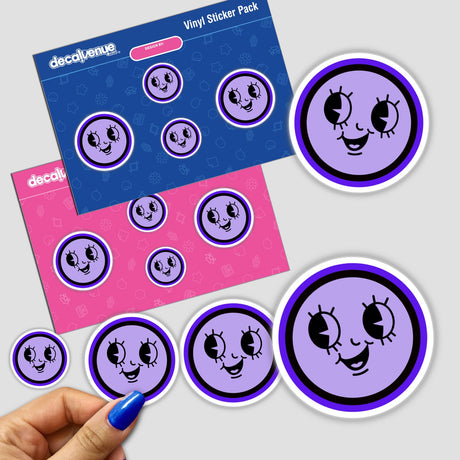 Purple Cute Smiley Face sticker featuring a playful cartoon design, shown held by a hand. Available as a physical sticker or digital artwork from Decal Venue.