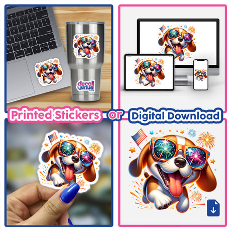 Beagle Dog Wearing Festive Glasses with Fireworks