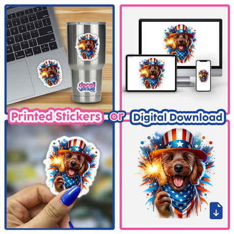 Patriotic Goldendoodle dog with sparkler in festive, colorful digital artwork shown on various products including stickers, digital downloads, and device displays.