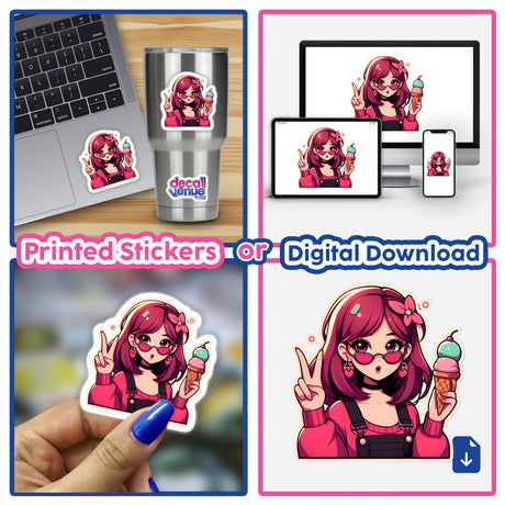Girl ice cream design available as stickers or digital artwork, featuring a whimsical portrayal of a girl with an ice cream cone, ideal for unique vinyl creations from Decal Venue.