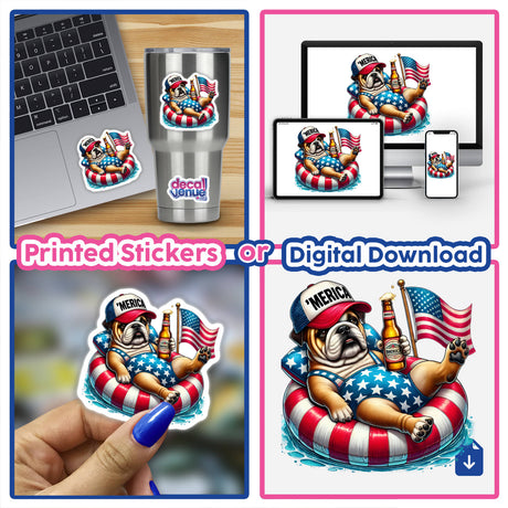 Bulldog American Flag Float Merica: Collage of a bulldog on a float, a hand, beer bottle with gloves, laptop, and close-up cup. Available as stickers or digital artwork.
