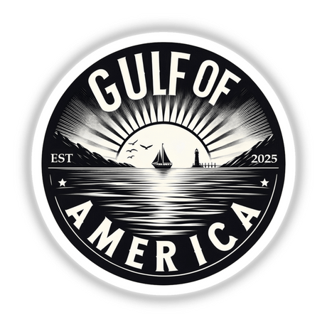 Gulf of America Est 2025 logo featuring a sailboat and lighthouse, available as stickers or digital artwork, embodying Decal Venue's unique vinyl and digital creations.