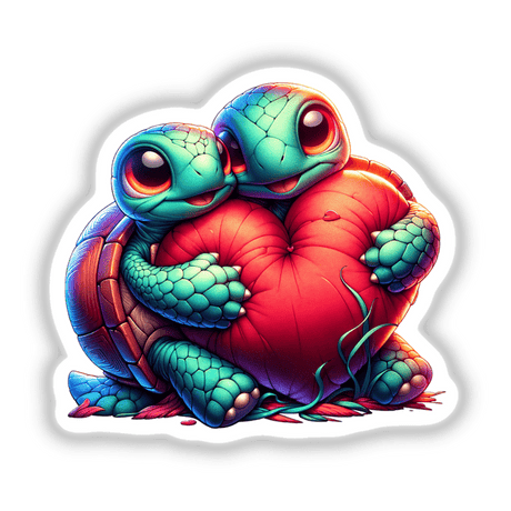 Turtle Lovebirds Cuddling a Heart Pillow sticker features two turtles embracing a heart, capturing love and warmth in a whimsical digital art style, perfect for gifting or personalizing spaces.