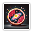 Cosmic Citrus Solar System Inside a Grapefruit: A surreal painting depicting a halved grapefruit with miniature planets inside and orbiting around it. Available as stickers or digital artwork.