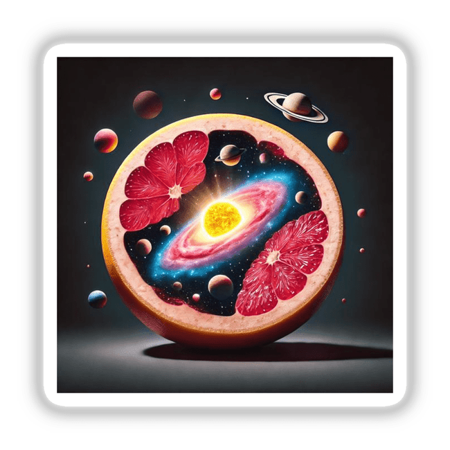 Cosmic Citrus Solar System Inside a Grapefruit: A surreal painting depicting a halved grapefruit with miniature planets inside and orbiting around it. Available as stickers or digital artwork.