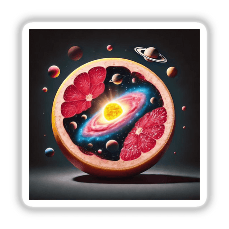 Cosmic Citrus Solar System Inside a Grapefruit: A surreal painting depicting a halved grapefruit with miniature planets inside and orbiting around it. Available as stickers or digital artwork.