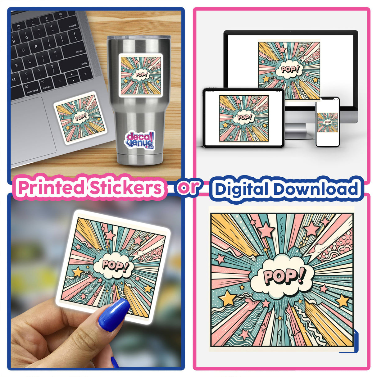 Collage of pastel pop artwork stickers, including a hand holding a card, a sticker on a silver cup, and a laptop with a sticker. Available as stickers or digital artwork.