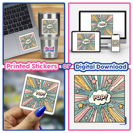 Collage of pastel pop artwork stickers, including a hand holding a card, a sticker on a silver cup, and a laptop with a sticker. Available as stickers or digital artwork.