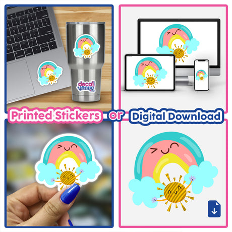 A collage featuring a smiley rainbow and sun design, showcasing stickers and digital artwork options, ideal for laptops and personal items from Decal Venue's unique collection.