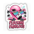 Flocking Fabulous Prismatic Peeking Flamingo - Vibrant digital artwork depicting a close-up of a stylized, bright pink flamingo wearing heart-shaped sunglasses and surrounded by palm trees.