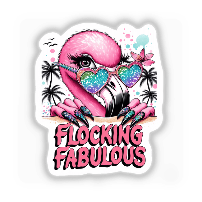 Flocking Fabulous Prismatic Peeking Flamingo - Vibrant digital artwork depicting a close-up of a stylized, bright pink flamingo wearing heart-shaped sunglasses and surrounded by palm trees.