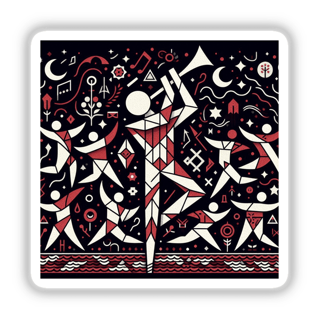 Abstract band: A graphic design featuring a man dancing, integrated with patterns and motifs, reflecting a symmetrical and artistic style. Available as stickers or digital artwork.