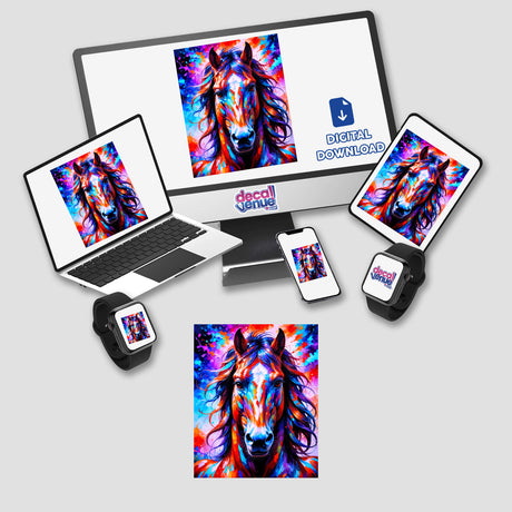 A Cute Horse - Animal Portrait displayed on a computer monitor and laptop screen, showcasing its vibrant digital artwork available as unique stickers or digital prints from Decal Venue.