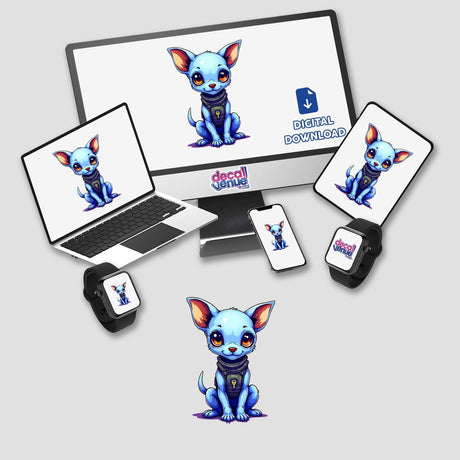 Digital download of a cute blue dog in a space-themed outfit displayed on various devices, including laptops, tablets, and smartwatches.
