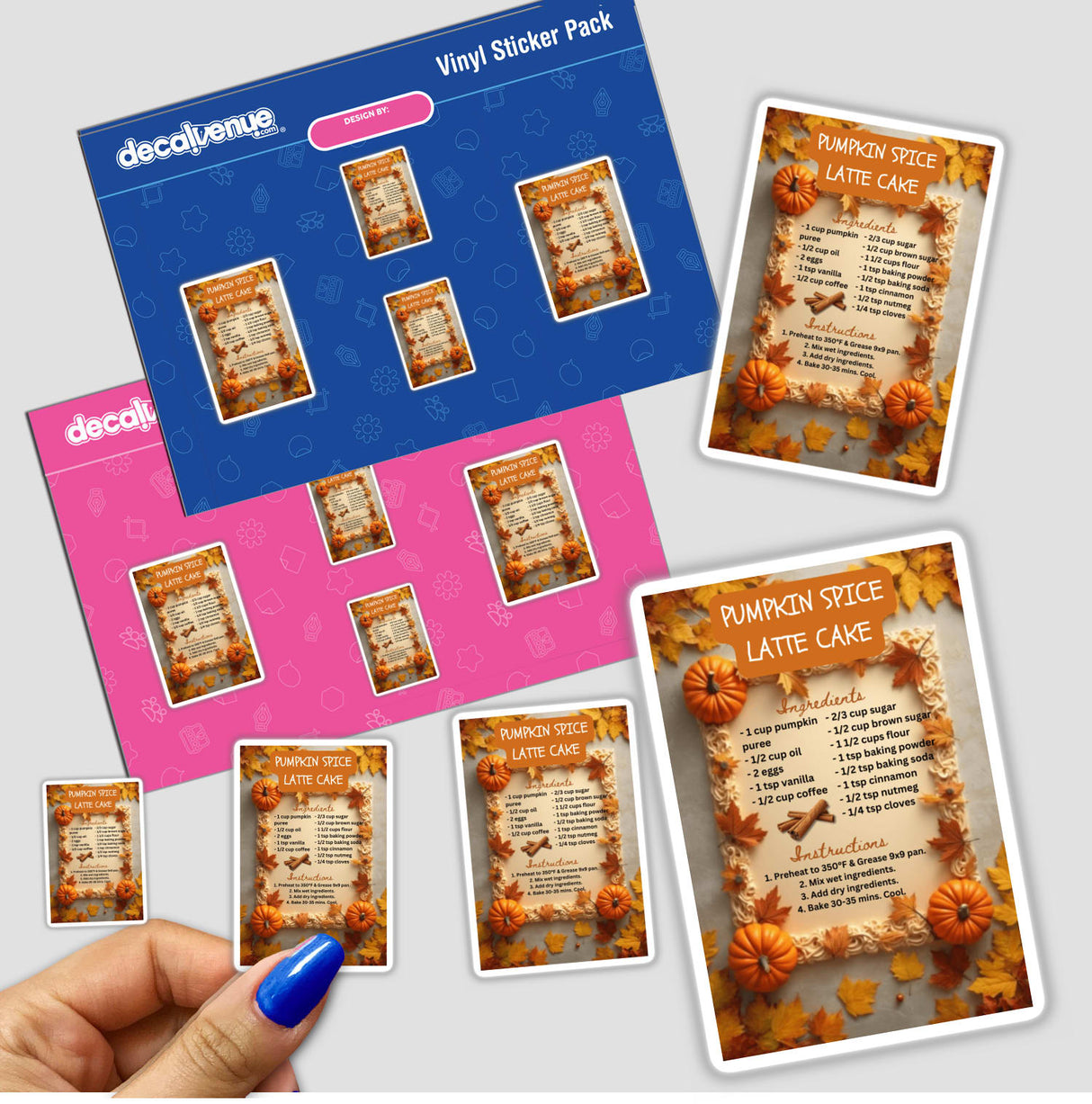 Hand holding a Pumpkin Spice Latte Cake Recipe Clipart sticker pack, available as stickers or digital artwork with commercial rights from Decal Venue.