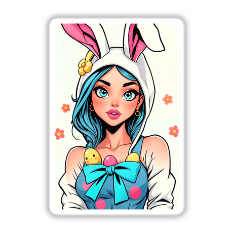 a girl with blue hair wearing a bunny costume