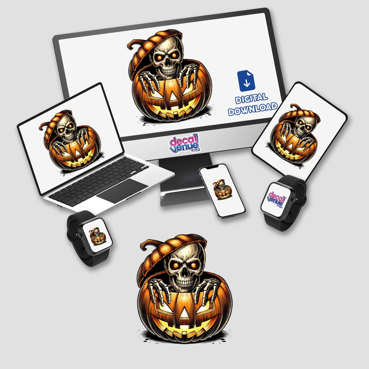Spooky Pumpkin Skeleton - Vibrant Halloween Digital Artwork from Decal Venue