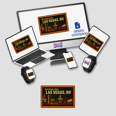 Greetings from Las Vegas Postcard Sticker or Clipart featuring vintage casino art, available as stickers or digital artwork. Perfect for commercial use, reflecting Decal Venue's unique vinyl and digital art offerings.