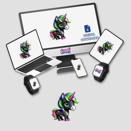Cute And Magical Pony Unicorn digital artwork displayed on computer, laptop, tablet, and smartwatch screens, highlighting its availability as stickers or digital art from Decal Venue.