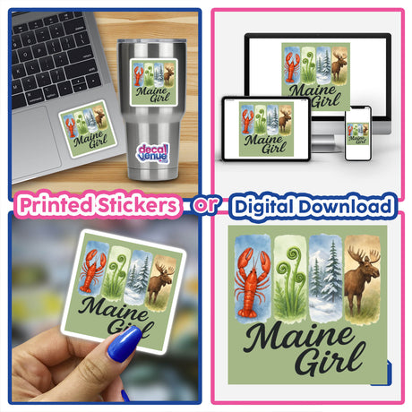 Collage featuring the Maine Girl Sticker or Clipart with Commercial Rights, showcasing nature and wildlife art on a laptop and sticker, highlighting its diverse applications in digital and physical formats.