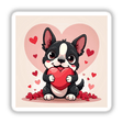 Valentine’s Day Boston Terrier Sticker & Clipart featuring a cartoon dog holding a heart, available as stickers or digital artwork with commercial rights.