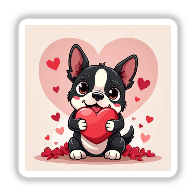 Valentine’s Day Boston Terrier Sticker & Clipart featuring a cartoon dog holding a heart, available as stickers or digital artwork with commercial rights.