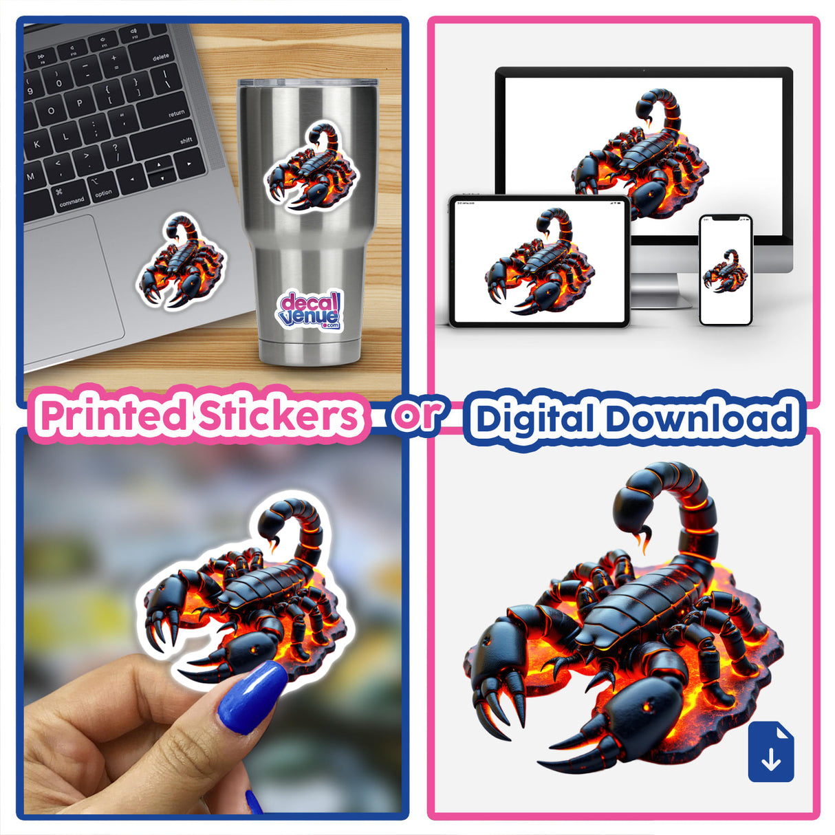 Molten Lava Scorpion design featuring a black scorpion with glowing orange legs, available as unique stickers or digital artwork, displayed on various surfaces like a laptop and cup.