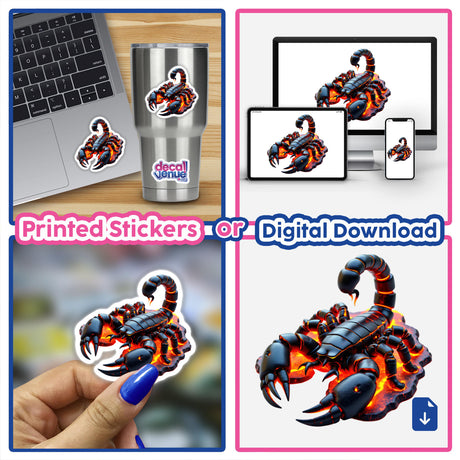Molten Lava Scorpion design featuring a black scorpion with glowing orange legs, available as unique stickers or digital artwork, displayed on various surfaces like a laptop and cup.