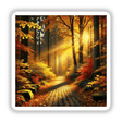 Golden Leaves - A Forest Path Covered in Autumn Foliage: A serene forest scene featuring a brick path blanketed with golden autumn leaves, available as stickers or digital artwork.