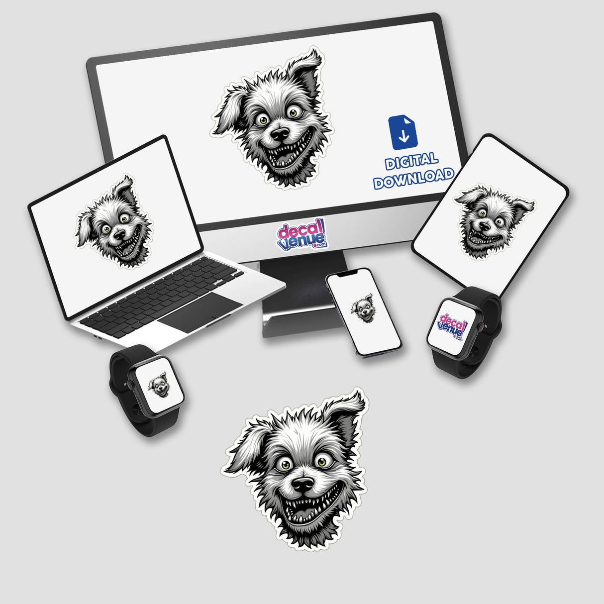 Cachorro Cinzentado digital artwork on various devices, featuring cartoon dogs with sharp teeth. Available as stickers or digital art from Decal Venue.