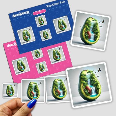 Stickers titled Rainforest Retreat Jungle Paradise Inside an Avocado, featuring avocados with waterfalls, birds, and trees. Available as stickers or digital artwork.