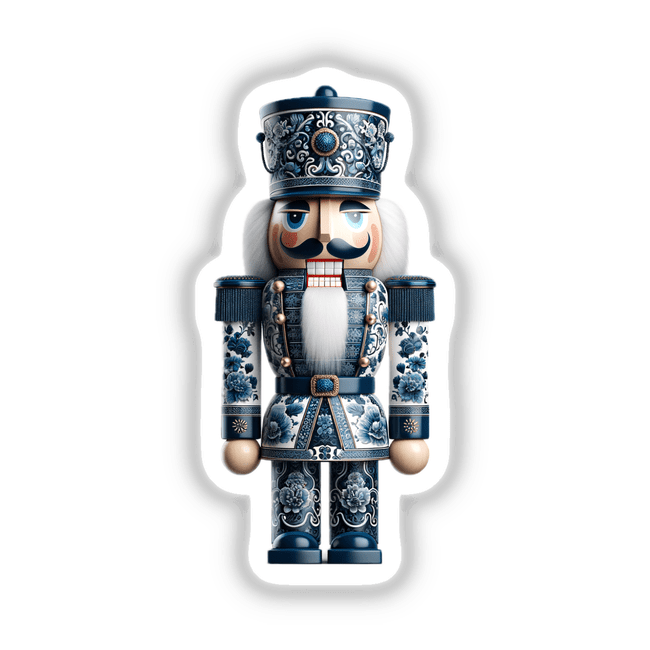 Chinoiserie Nutcracker Soldier depicted in blue and white, available as stickers or digital artwork, showcasing intricate details such as a toy face and decorative elements, reflecting Decal Venue's unique art style.