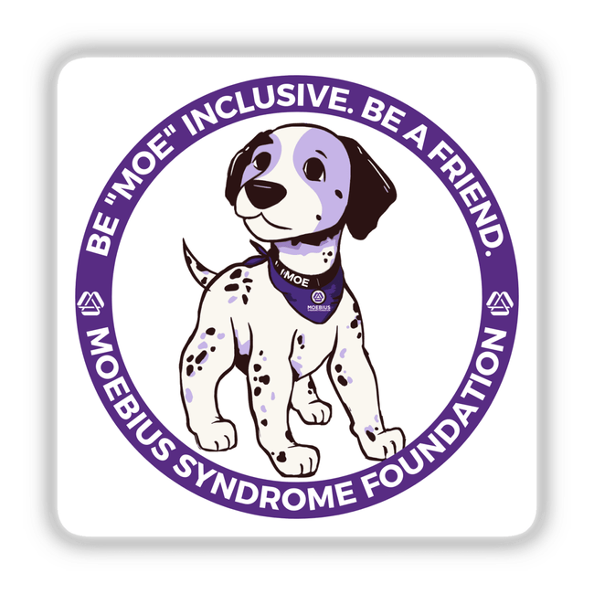 Cartoon of a dog with the text Be 'Moe' inclusive. Be a friend. Available as stickers or digital artwork.
