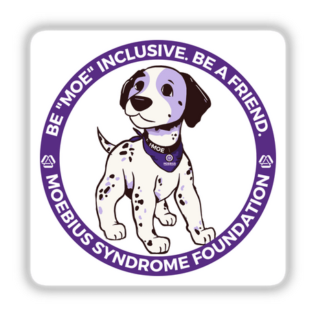 Cartoon of a dog with the text Be 'Moe' inclusive. Be a friend. Available as stickers or digital artwork.