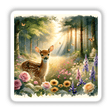 Deer Fawn in a Forest Clearing Watercolor Illustration depicting a serene scene with a fawn, flowers, and butterflies, available as stickers or digital artwork.